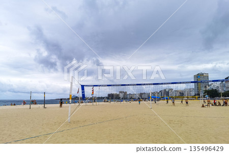 Tropical Copacabana Leme Beach Volleyball Net Rio de Janeiro Brazil. Tropical Copacabana Leme Beach Volleyball Net Rio de Janeiro Brazil. 135496429