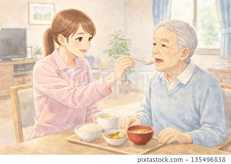 A gentle care illustration in which a female caregiver helps an elderly man with meals 135496838