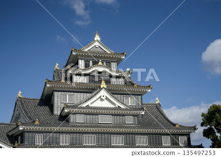 日本岡山城天守閣矗立於藍天白雲下 雄偉的黑色烏城外觀與傳統建築美學 日本岡山城天守閣矗立於藍天白雲下 雄偉的黑色烏城外觀與傳統建築美學 135497253