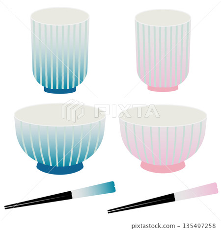 Illustration set of couple's rice bowls, couple's teacups, and couple's chopsticks Illustration set of couple's rice bowls, couple's teacups, and couple's chopsticks 135497258