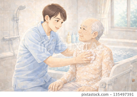 Illustration of a male caregiver assisting an elderly male with bathing | Nursing care and welfare image Illustration of a male caregiver assisting an elderly male with bathing | Nursing care and welfare image 135497391