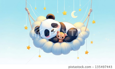Cute baby panda sleeping on fluffy cloud with stars in soft pastel sky, creating a dreamy adorable scene. Generative AI. 135497443