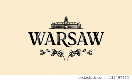 Elegant vintage-style Warsaw typography logo with decorative flourish and architectural silhouette on beige background. Generative AI. 135497473