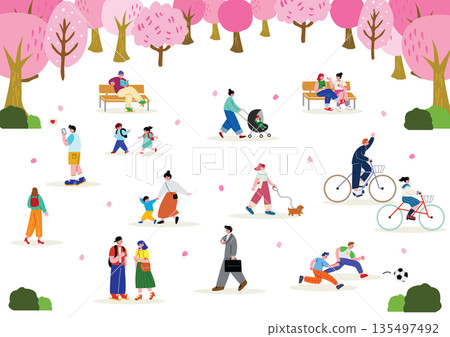 一組插畫,描繪了人們在櫻花盛開的公園裡消磨時光的場景。 一組插畫,描繪了人們在櫻花盛開的公園裡消磨時光的場景。 135497492