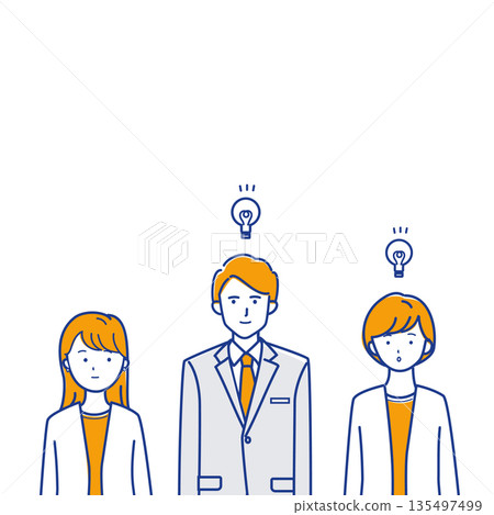一幅商業場景的插圖，描繪了在一次近距離會議中，某人突然想到一個想法（不同顏色）。 135497499