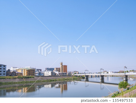 A refreshing background of vast blue sky, river, and residential area 135497533