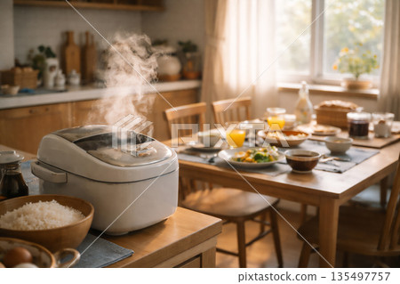 The atmosphere in the kitchen signaling the start of the morning | A steaming rice cooker and a quiet Japanese morning 135497757