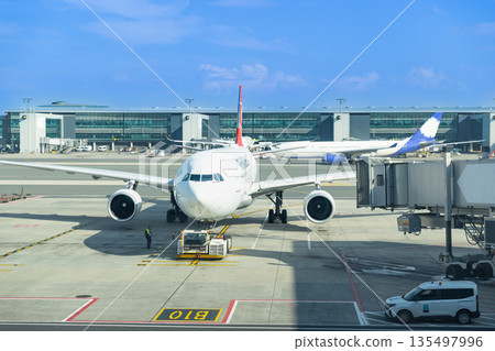 Istanbul Airport Airplane and Towing Tractor 135497996
