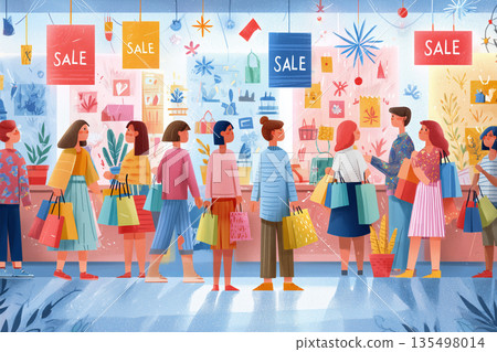 Illustration of people enjoying shopping in a bustling shop | Expressing the liveliness of a bright and stylish store interior 135498014