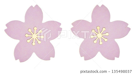 Two pale pink parts shaped like cherry blossom petals. Cherry blossom ornament. Cutout material. Two pale pink parts shaped like cherry blossom petals. Cherry blossom ornament. Cutout material. 135498037