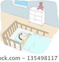 Illustration of a baby sleeping in a crib in a room Illustration of a baby sleeping in a crib in a room 135498117