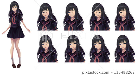 動漫風格害羞高中女生/學生全身插畫 - 臉部表情差異圖集 135498262