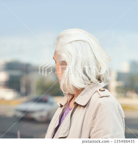 Elderly asian female with white hair standing outdoors in urban setting 135498435