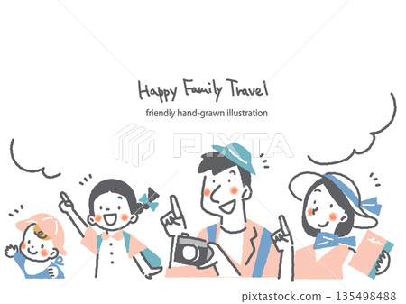 趣味家庭旅行相框：色彩鮮豔、風格時尚的手繪人物插畫。 135498488