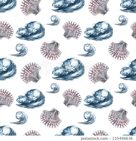 Seamless pattern with sea waves and scallops. Hand-drawn watercolor illustrations. Colorful images. For textiles and postcards, posters and banners, packaging, and more 135498636