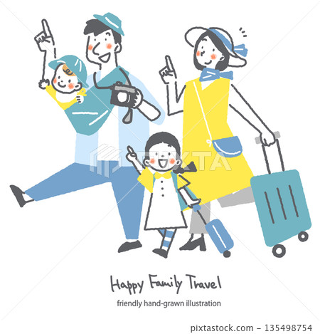 一家四口外出旅行。一幅色彩鮮豔、風格時尚的手繪插圖。 135498754