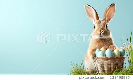 Cute Bunny with Easter Eggs in a Woven Basket on a Light Blue Background Cute Bunny with Easter Eggs in a Woven Basket on a Light Blue Background 135498985