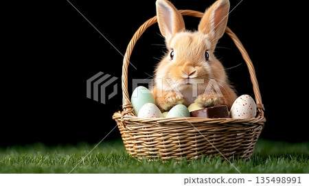 Adorable Bunny with Colorful Easter Eggs in a Wicker Basket on a Soft Grass Background 135498991