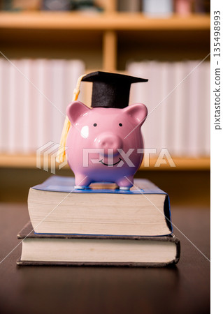 Pink piggy bank with graduation cap on stacked textbooks in front of blurred bookshelf, symbolizing education savings, tuition funding, budgeting, scholarships and smart financial planning. Pink piggy bank with graduation cap on stacked textbooks in front of blurred bookshelf, symbolizing education savings, tuition funding, budgeting, scholarships and smart financial planning. 135498993