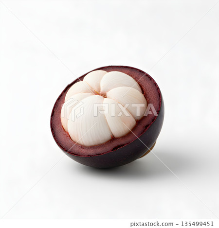 Mangosteen Fruit Half Cut Single Showing Arils Close Up 135499451