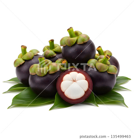 Mangosteen Fruit Pile with Leaves and Half Cut 135499463