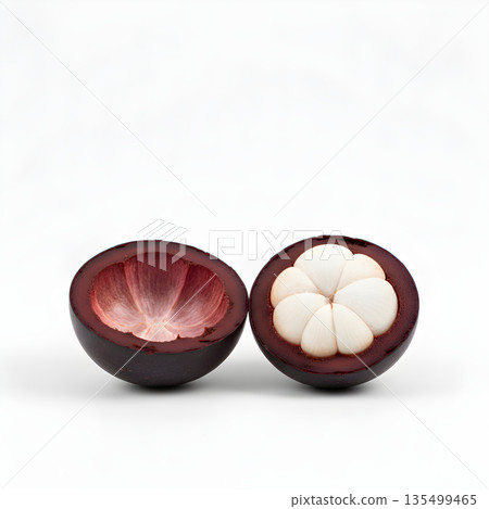 Mangosteen Fruit Half Cut Open Arils and Empty 135499465