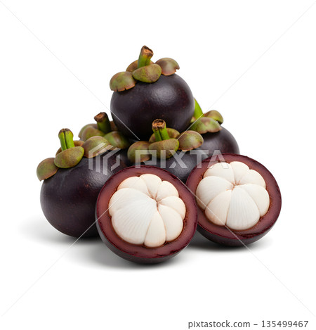 Mangosteen Fruit Pile with Cut Halves Focus 135499467