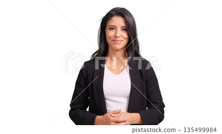 Businesswoman standing smiling with hands clasped Businesswoman standing smiling with hands clasped 135499984