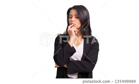 Woman thinking business strategy with evil expression Woman thinking business strategy with evil expression 135499989