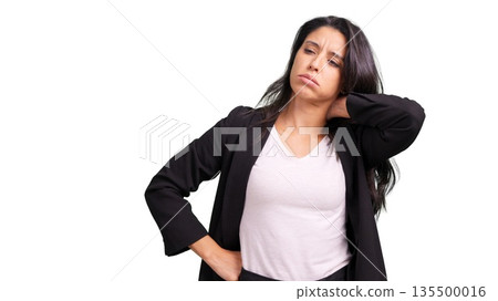 Woman experiencing neck pain feeling tired and stressed 135500016