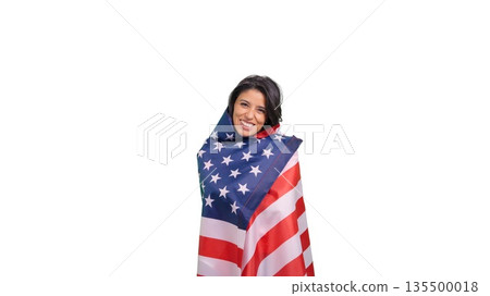 Woman smiling wrapped in USA flag with transparent background 135500018