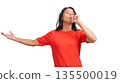 Woman pretending to sing mouth isolated 135500019
