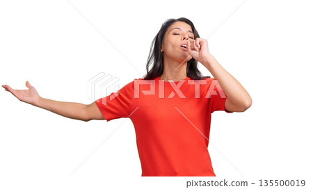 Woman pretending to sing mouth isolated Woman pretending to sing mouth isolated 135500019