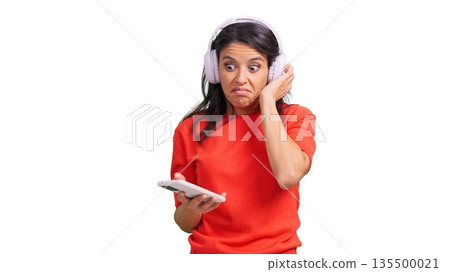 Young woman reacting to music he doesn't like transparent background 135500021