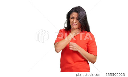 Woman feeling sore throat pain, illness concept 135500023