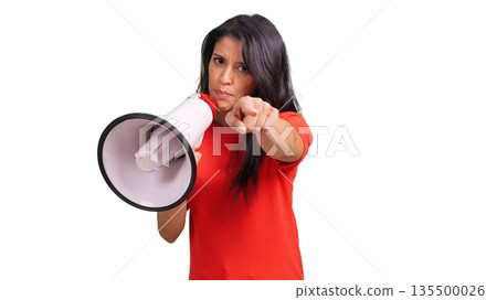 Woman holding megaphone pointing finger transparent background Woman holding megaphone pointing finger transparent background 135500026