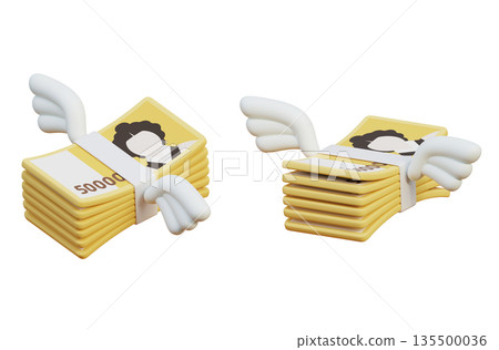 Flying Bundle of 50000 Won Cash with Wings 3D Render 135500036