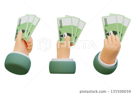 Hand Holding Multiple 10000 Won Banknotes 3D Illustration 135500039