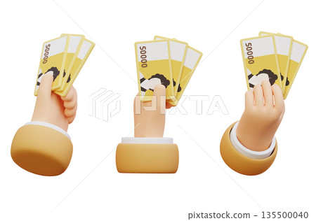 Human Hand Holding Many 50000 Won Bills 3D Render 135500040