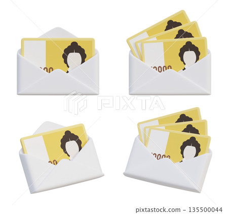 50000 Won Banknotes in White Gift Envelope 3D Render 135500044