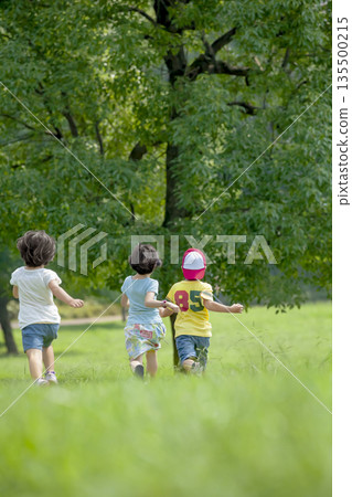 公園裡奔跑的孩子們的背影 135500215