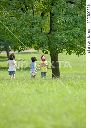公園裡奔跑的孩子們的背影 135500216