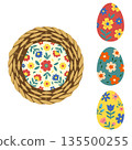 Easter Material Set: Top View of Wicker Basket and Three Decorative Eggs [Folk Art] 135500255