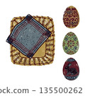 Easter Material Set: Top View of Wicker Basket and Three Decorative Eggs [Retro Block Print] 135500262