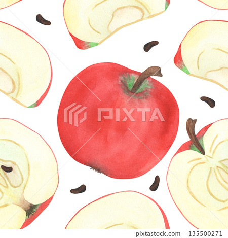 Illustration of an apple, slice, and half, hand-drawn watercolor fruit seamless pattern. Ripe realistic seasonal fruit. Illustration of an apple, slice, and half, hand-drawn watercolor fruit seamless pattern. Ripe realistic seasonal fruit. 135500271