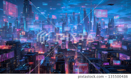 A cyberpunk city filled with countless digital advertisements. A night view of a super-dense skyscraper of the future. 135500486