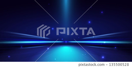Scence futuristic glowing blue neon light ray with speed motion moving on dark blue background. 135500528