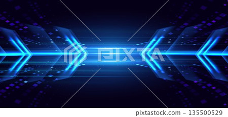 Technology futuristic glowing blue arrow beams horizontal and square element decor on dark blue background. 135500529
