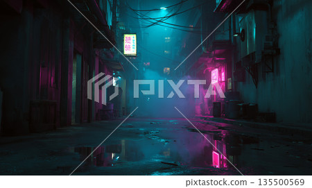 A cyberpunk back alley shrouded in fog, with pink and teal neon lights reflected in puddles 135500569