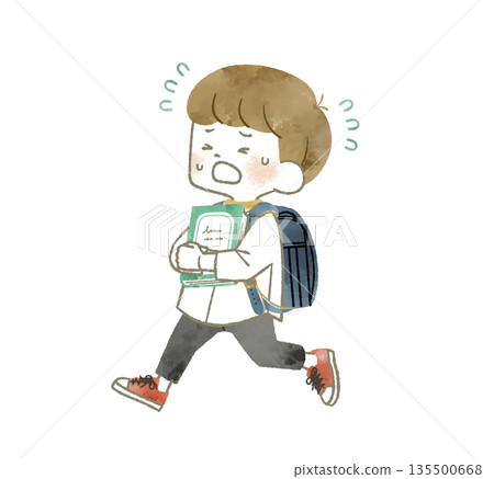 Elementary school student running with a book - watercolor 135500668